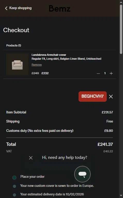 Bemz US checkout page showing Bemz US promo code box | Screenshot taken by SimplyCodes community member on Jan 5, 2026