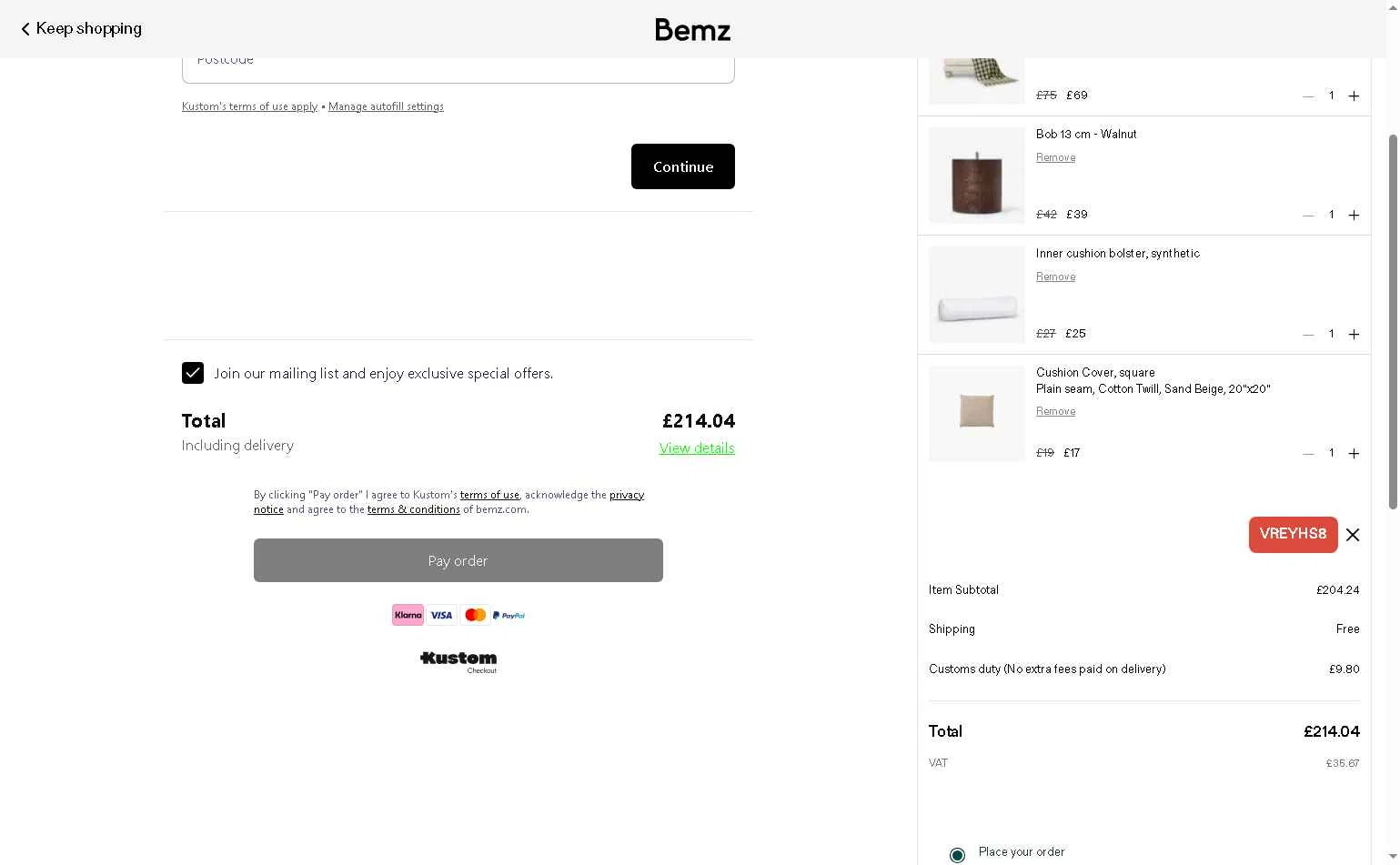 Bemz US checkout page showing Bemz US promo code box | Screenshot taken by SimplyCodes community member on Feb 1, 2026