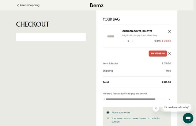 Bemz US checkout page showing Bemz US promo code box | Screenshot taken by SimplyCodes community member on Aug 31, 2025