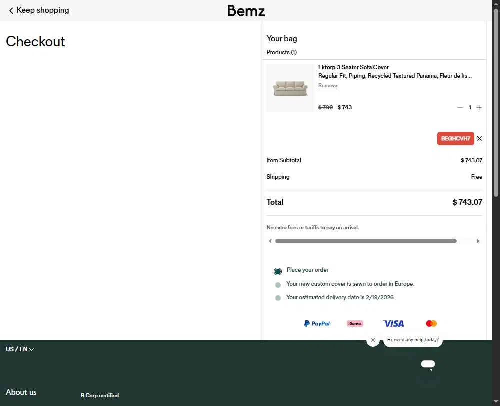 Bemz US checkout page showing Bemz US promo code box | Screenshot taken by SimplyCodes community member on Jan 27, 2026