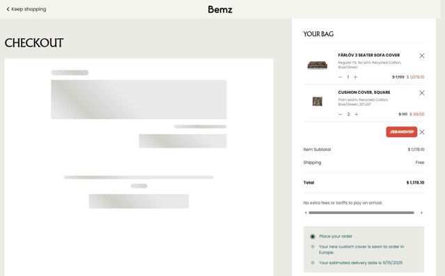 Bemz US checkout page showing Bemz US promo code box | Screenshot taken by SimplyCodes community member on Aug 19, 2025