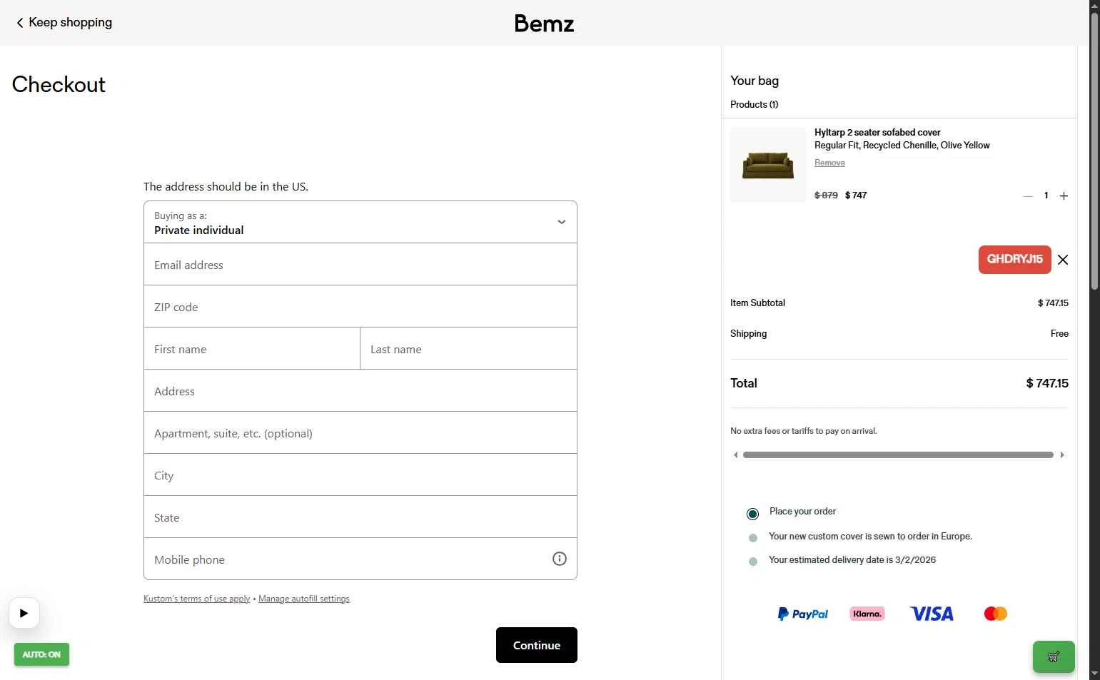 Bemz US checkout page showing Bemz US promo code box | Screenshot taken by SimplyCodes community member on Feb 9, 2026