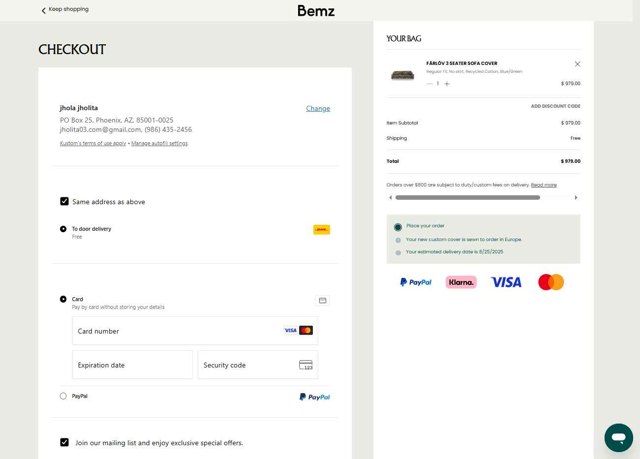 Bemz US checkout page showing Bemz US promo code box | Screenshot taken by SimplyCodes community member on Jul 28, 2025