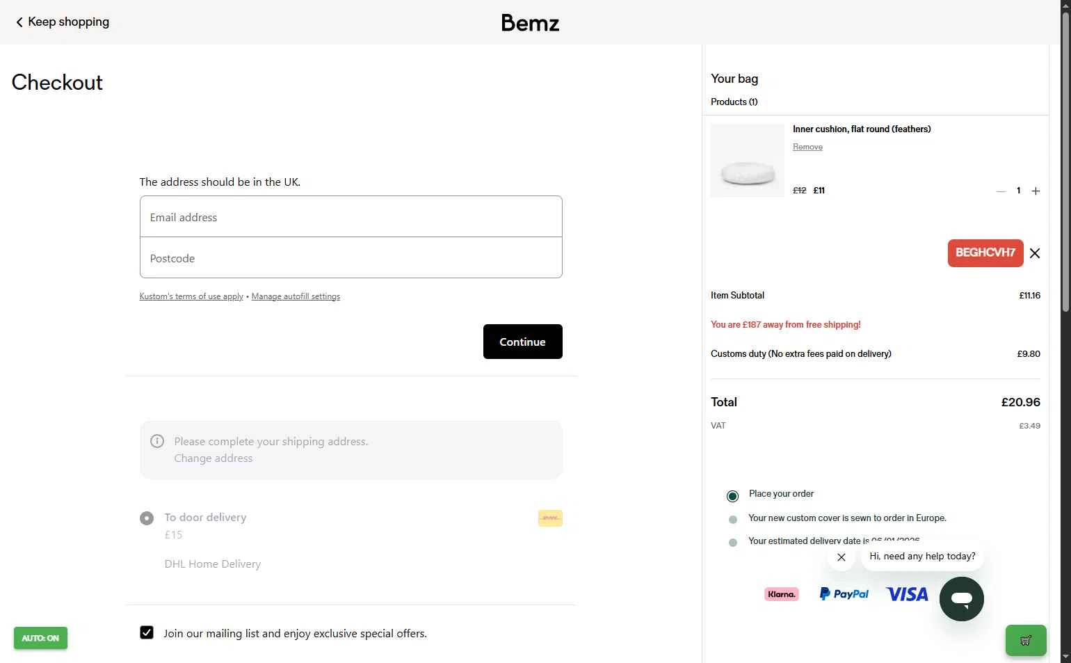 Bemz US checkout page showing Bemz US promo code box | Screenshot taken by SimplyCodes community member on Dec 25, 2025