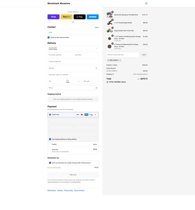 Benchmark Abrasives checkout page showing Benchmark Abrasives coupon code box | Screenshot taken by SimplyCodes community member on Sep 4, 2025