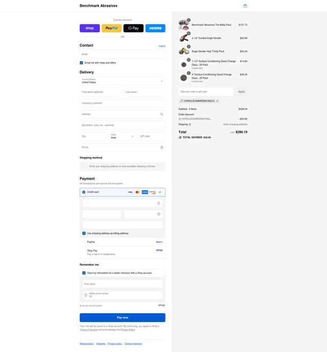 Benchmark Abrasives checkout page showing Benchmark Abrasives coupon code box | Screenshot taken by SimplyCodes community member on Sep 4, 2025