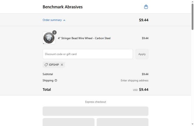 Benchmark Abrasives checkout page showing Benchmark Abrasives coupon code box | Screenshot taken by SimplyCodes community member on Sep 4, 2025