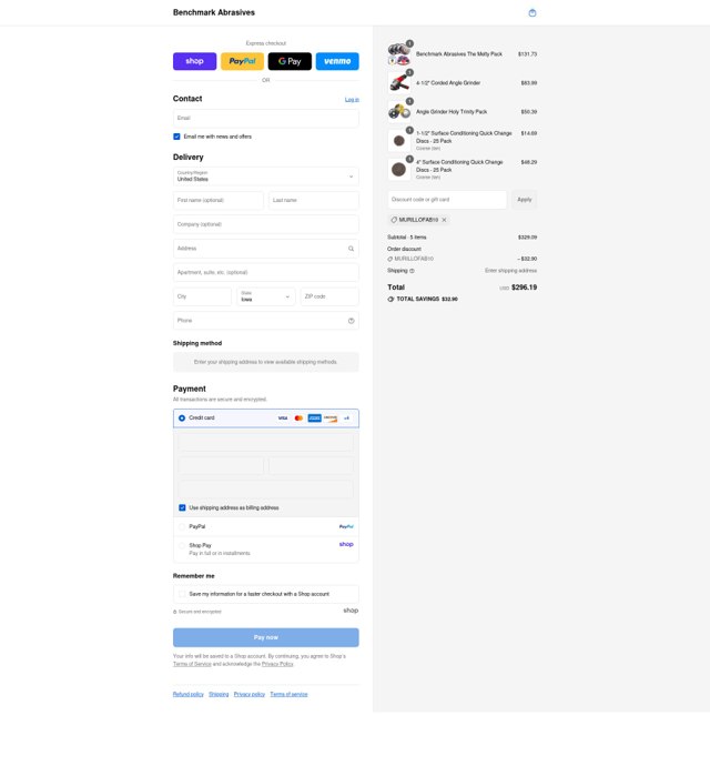 Benchmark Abrasives checkout page showing Benchmark Abrasives coupon code box | Screenshot taken by SimplyCodes community member on Sep 4, 2025
