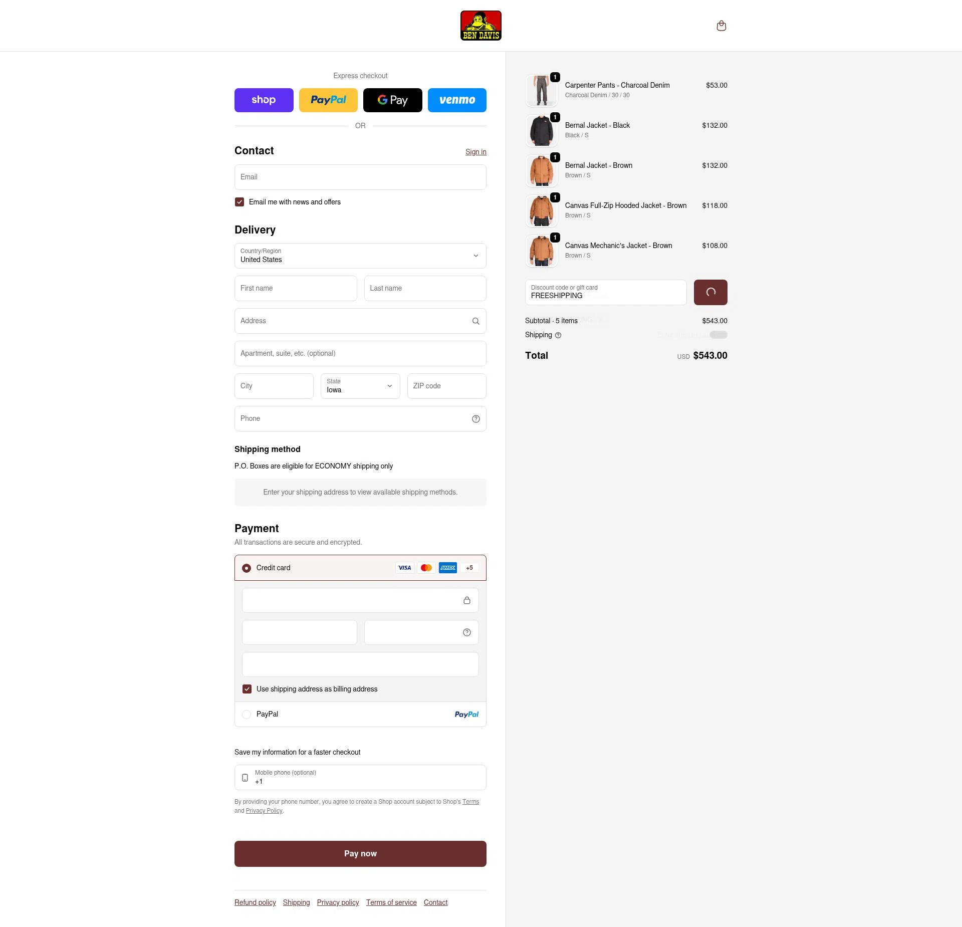 Ben Davis Clothing checkout page showing Ben Davis Clothing coupon code box | Screenshot taken by SimplyCodes community member on Feb 9, 2026