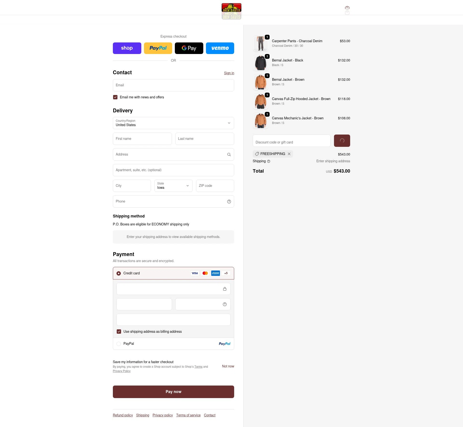 Ben Davis Clothing checkout page showing Ben Davis Clothing coupon code box | Screenshot taken by SimplyCodes community member on Feb 18, 2026