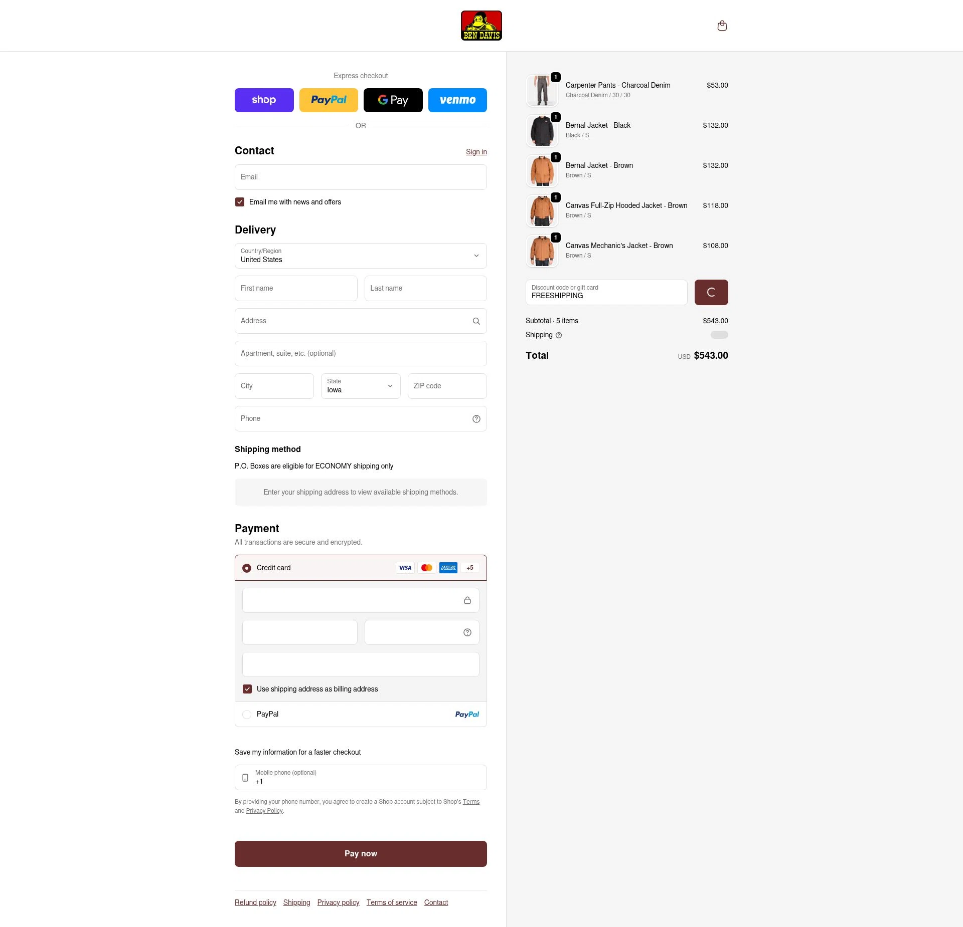 Ben Davis Clothing checkout page showing Ben Davis Clothing coupon code box | Screenshot taken by SimplyCodes community member on Feb 1, 2026