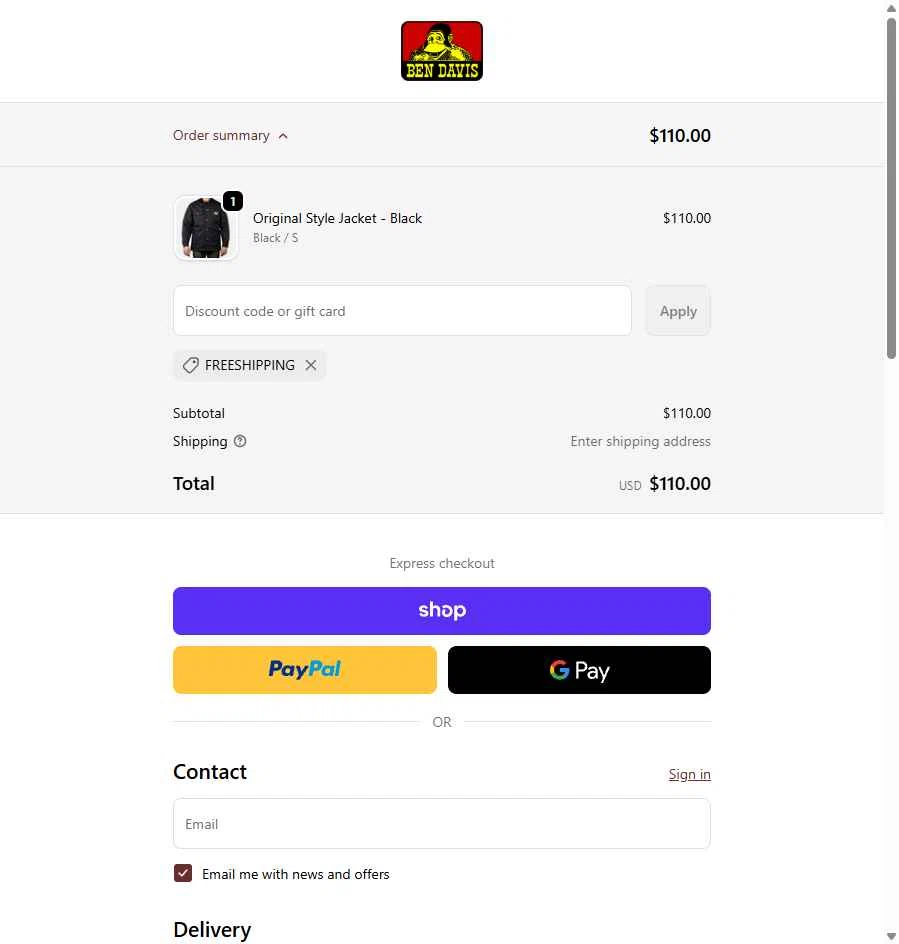 Ben Davis Clothing checkout page showing Ben Davis Clothing coupon code box | Screenshot taken by SimplyCodes community member on Jan 25, 2026