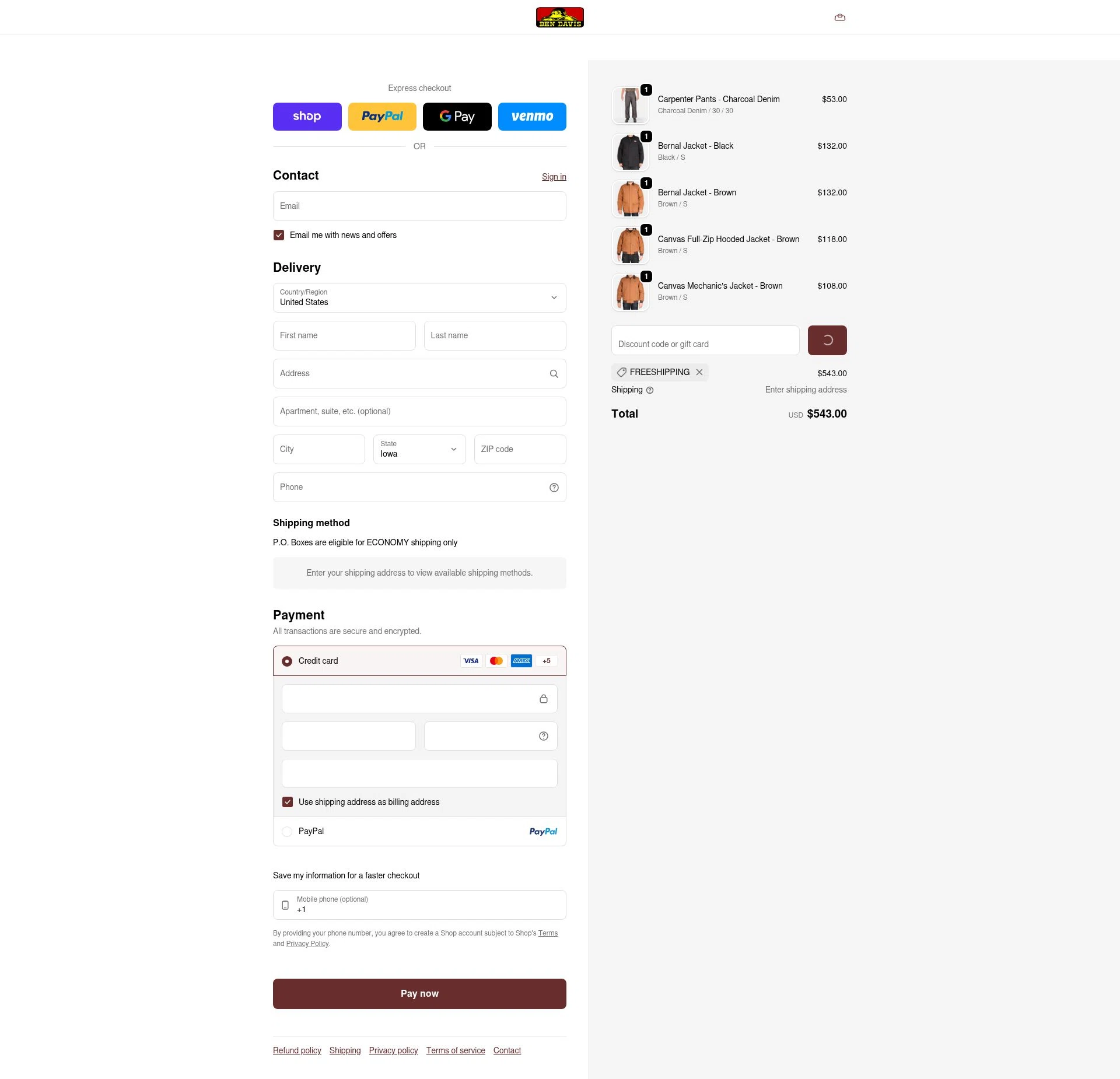 Ben Davis Clothing checkout page showing Ben Davis Clothing coupon code box | Screenshot taken by SimplyCodes community member on Feb 18, 2026