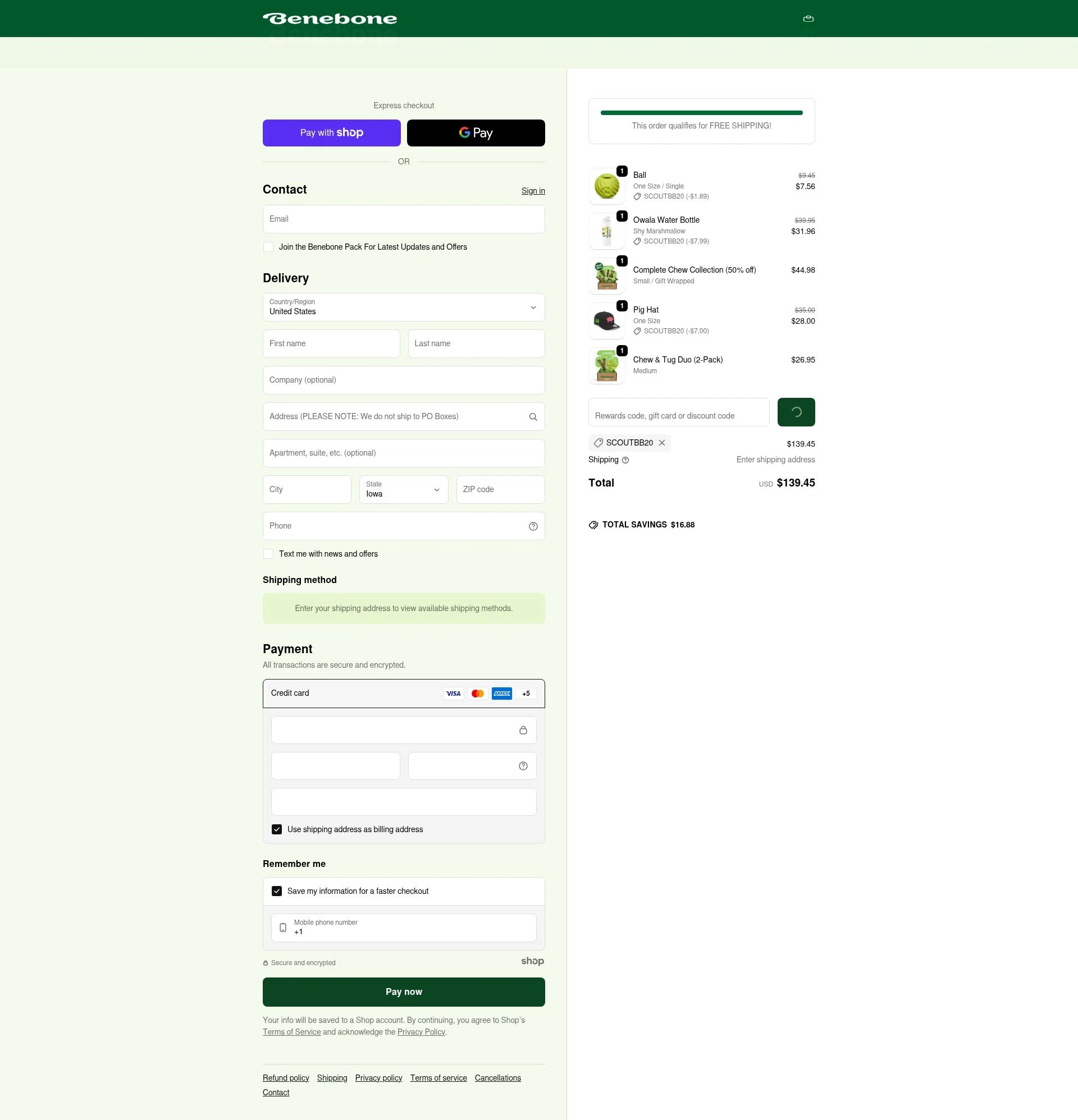 Benebone checkout page showing Benebone discount code box | Screenshot taken by SimplyCodes community member on Jan 11, 2026