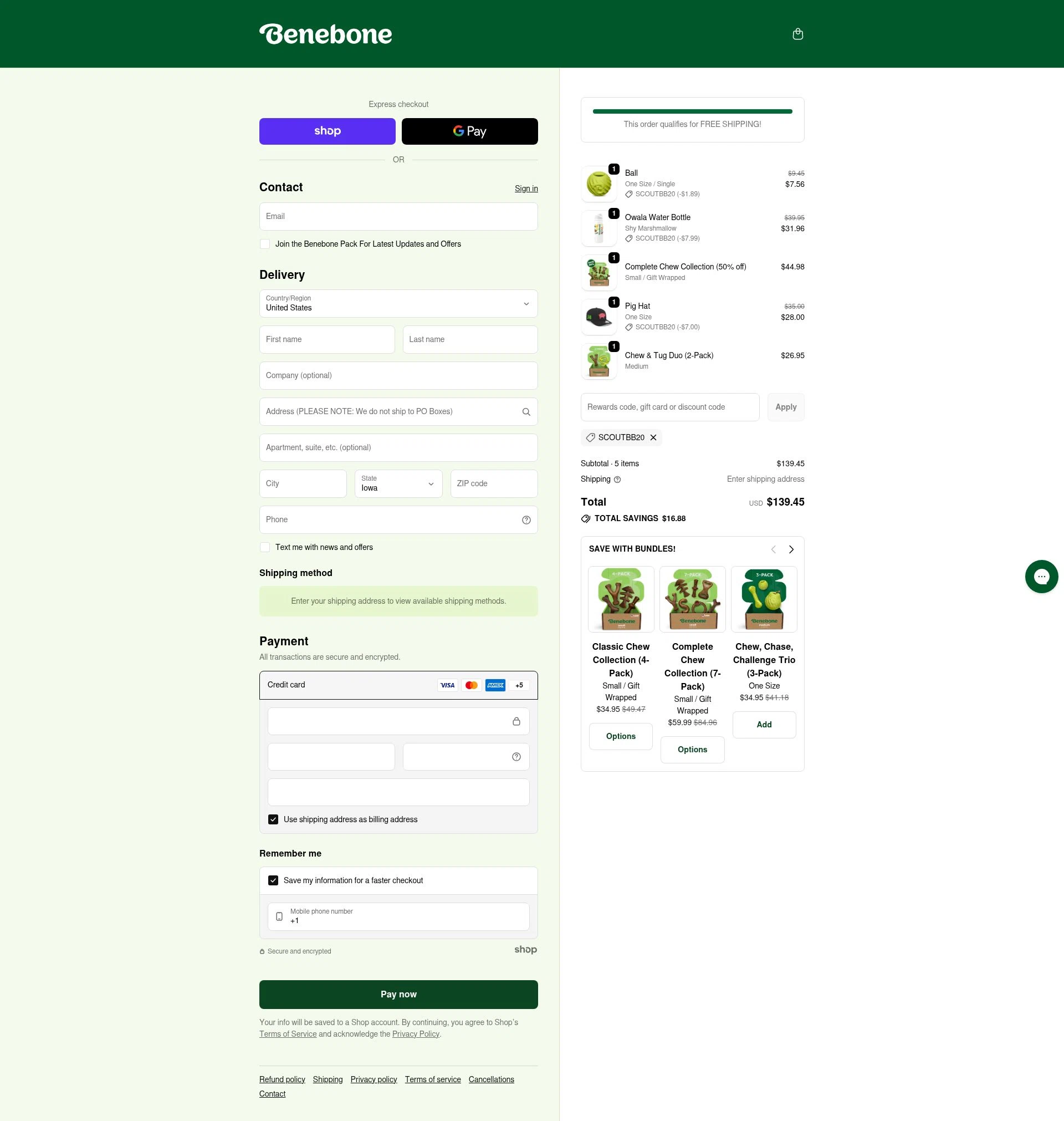 Benebone checkout page showing Benebone discount code box | Screenshot taken by SimplyCodes community member on Jan 30, 2026
