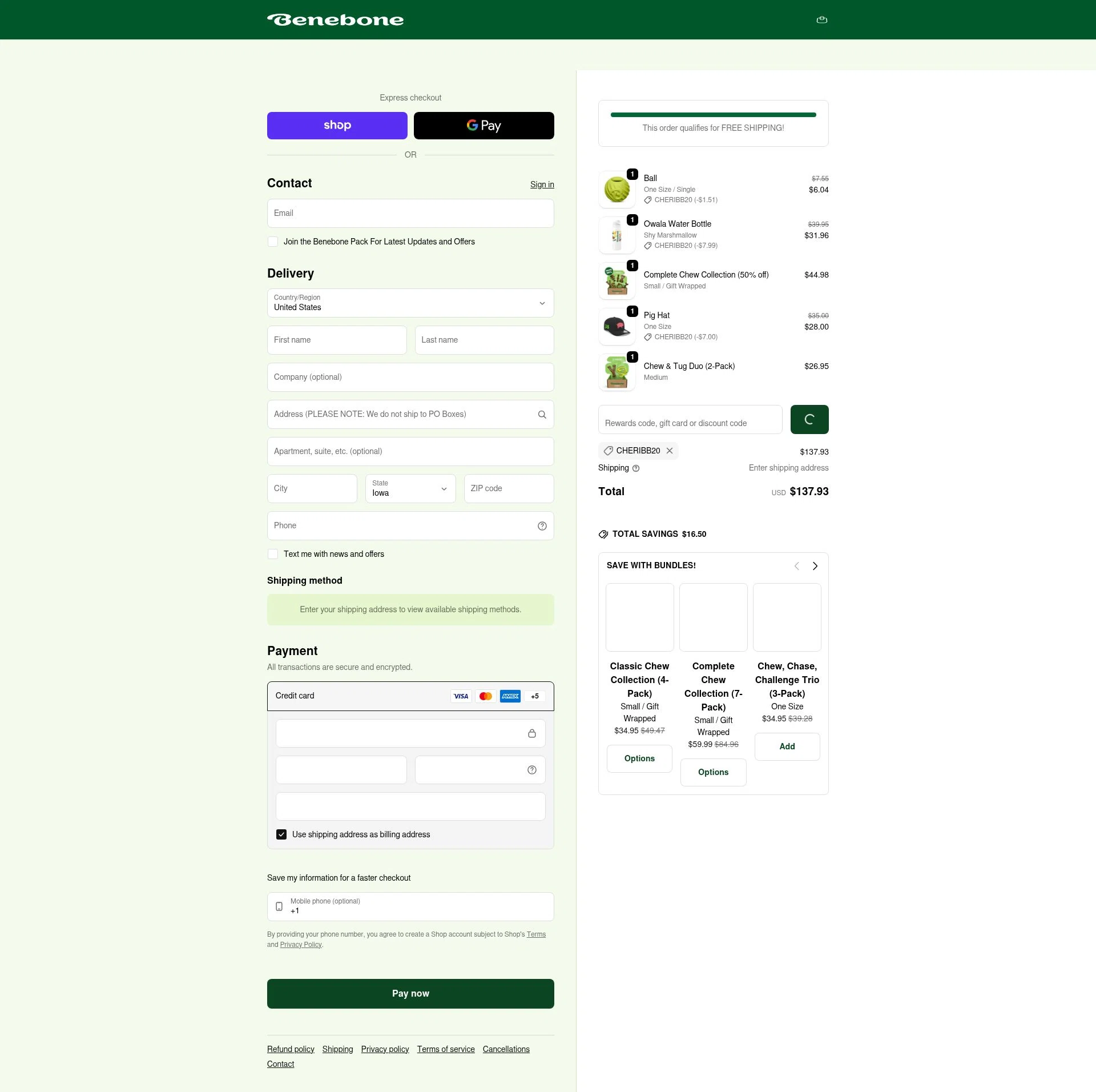 Benebone checkout page showing Benebone discount code box | Screenshot taken by SimplyCodes community member on Feb 3, 2026