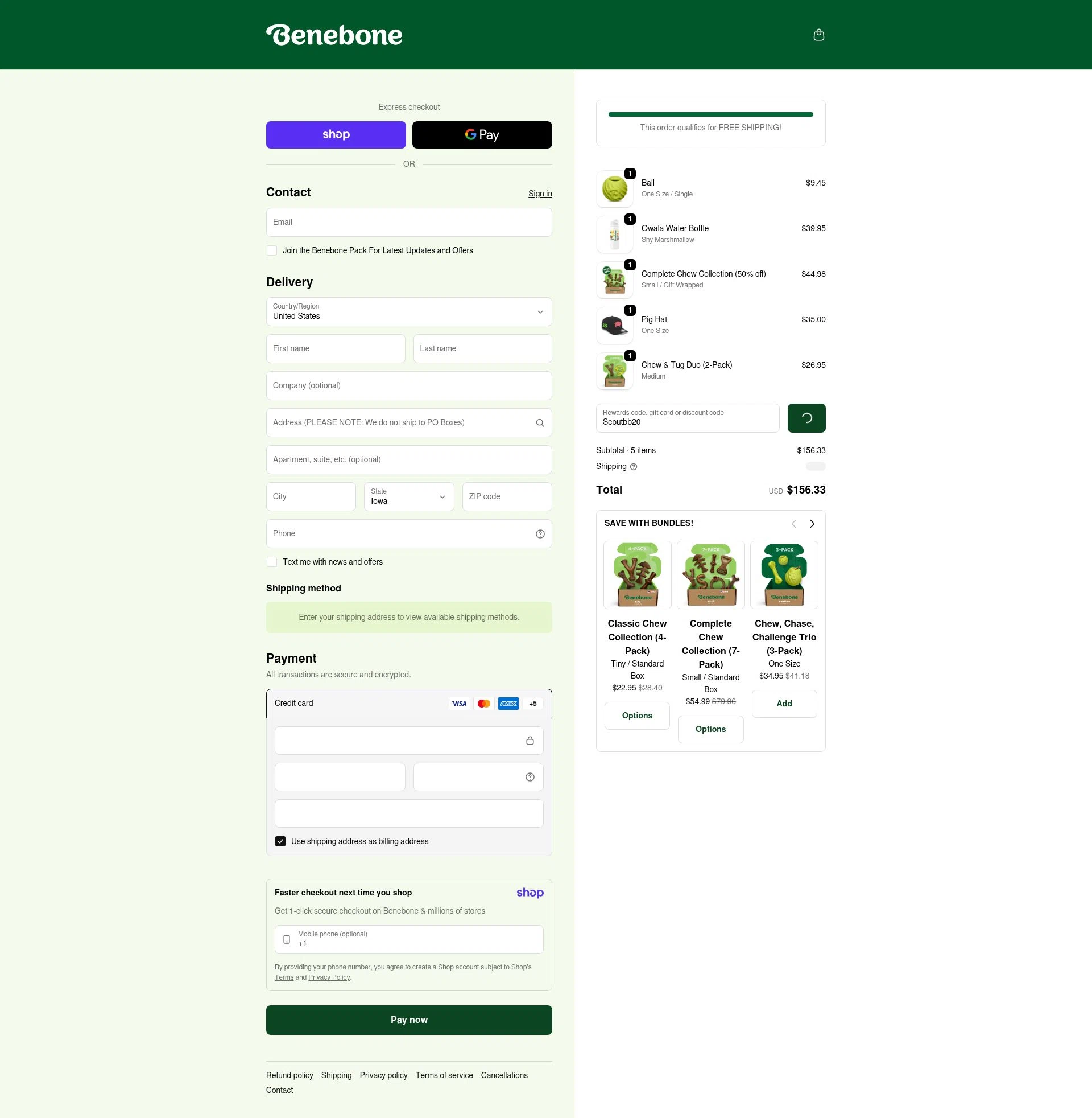 Benebone checkout page showing Benebone discount code box | Screenshot taken by SimplyCodes community member on Jan 16, 2026