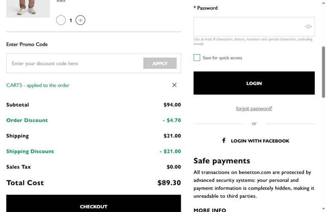 United Colors of Benetton checkout page showing United Colors of Benetton discount code box | Screenshot taken by SimplyCodes community member on Jun 10, 2025
