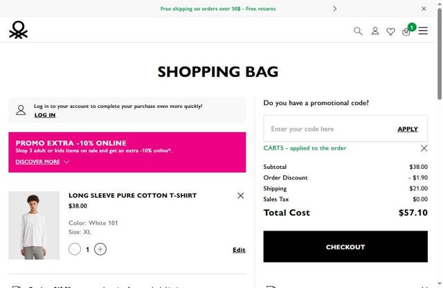 United Colors of Benetton checkout page showing United Colors of Benetton discount code box | Screenshot taken by SimplyCodes community member on Jul 11, 2025