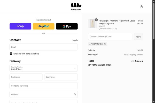 Beneunder checkout page showing Beneunder coupon code box | Screenshot taken by SimplyCodes community member on Aug 28, 2025