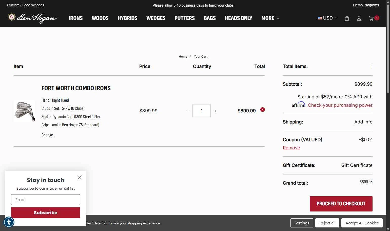 Ben Hogan Golf Equipment Company checkout page showing Ben Hogan Golf Equipment Company promo code box | Screenshot taken by SimplyCodes community member on Sep 20, 2025