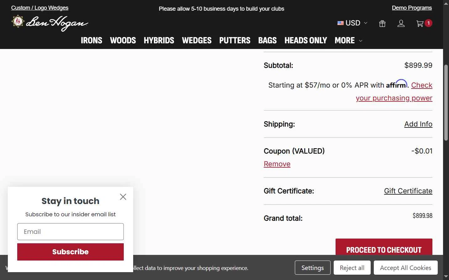 Ben Hogan Golf Equipment Company checkout page showing Ben Hogan Golf Equipment Company promo code box | Screenshot taken by SimplyCodes community member on Oct 19, 2025
