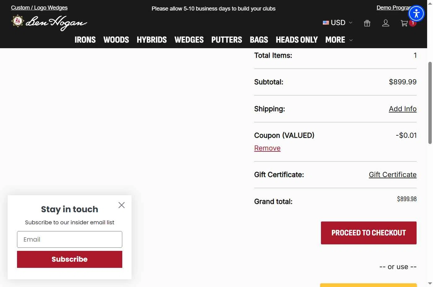Ben Hogan Golf Equipment Company checkout page showing Ben Hogan Golf Equipment Company promo code box | Screenshot taken by SimplyCodes community member on Nov 17, 2025