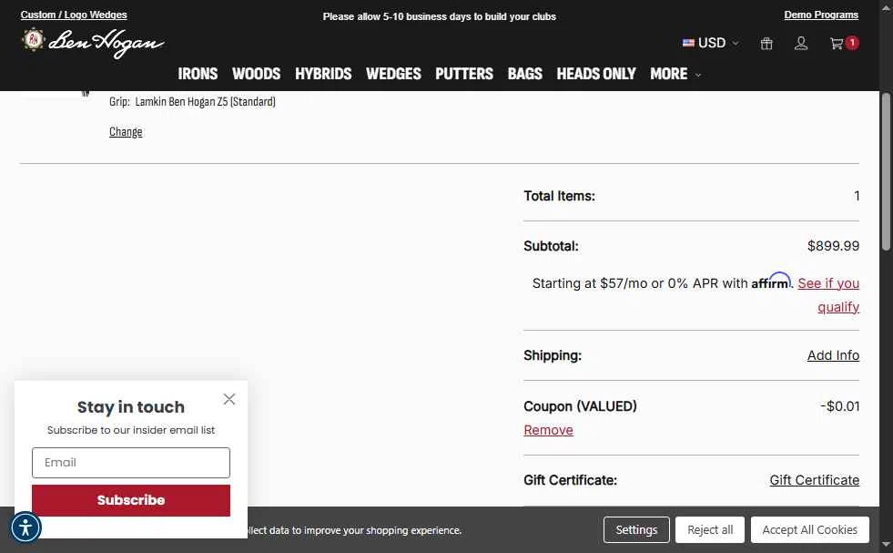 Ben Hogan Golf Equipment Company checkout page showing Ben Hogan Golf Equipment Company promo code box | Screenshot taken by SimplyCodes community member on Sep 20, 2025