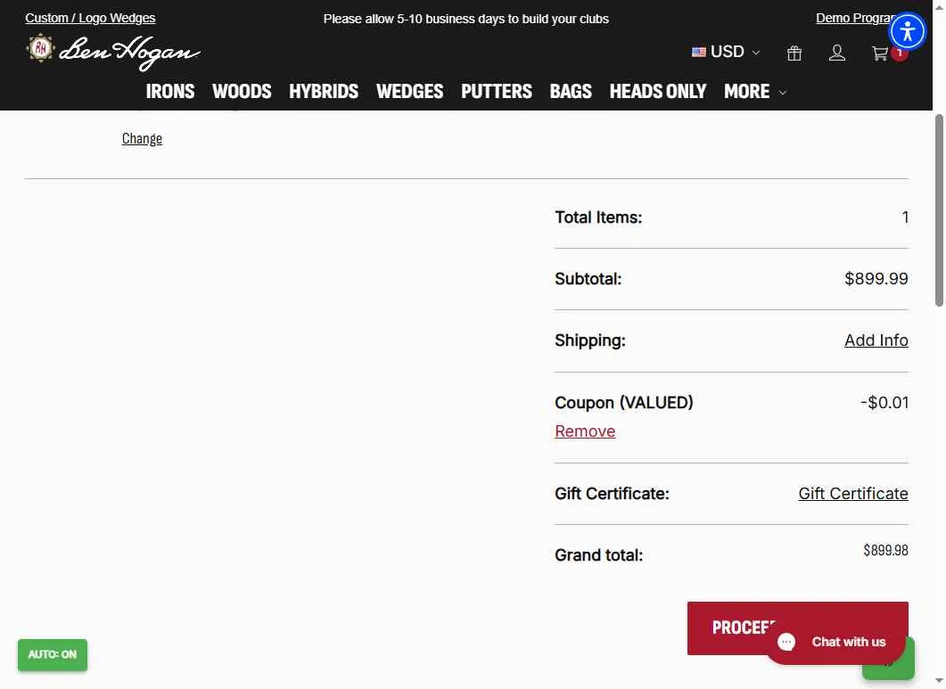 Ben Hogan Golf Equipment Company checkout page showing Ben Hogan Golf Equipment Company promo code box | Screenshot taken by SimplyCodes community member on Nov 17, 2025