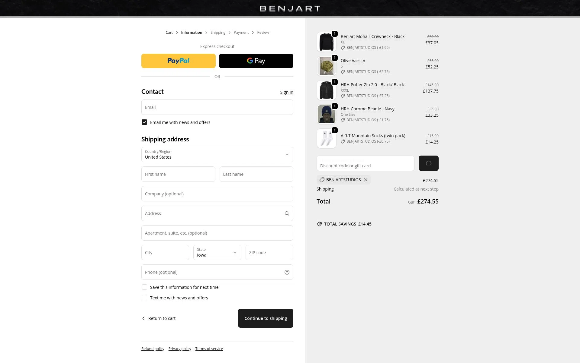 Benjart checkout page showing Benjart promo code box | Screenshot taken by SimplyCodes community member on Feb 17, 2026