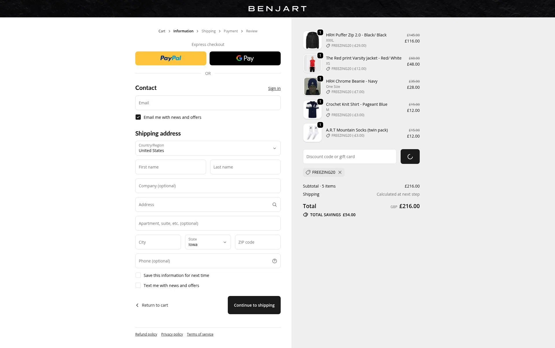Benjart checkout page showing Benjart promo code box | Screenshot taken by SimplyCodes community member on Jan 26, 2026