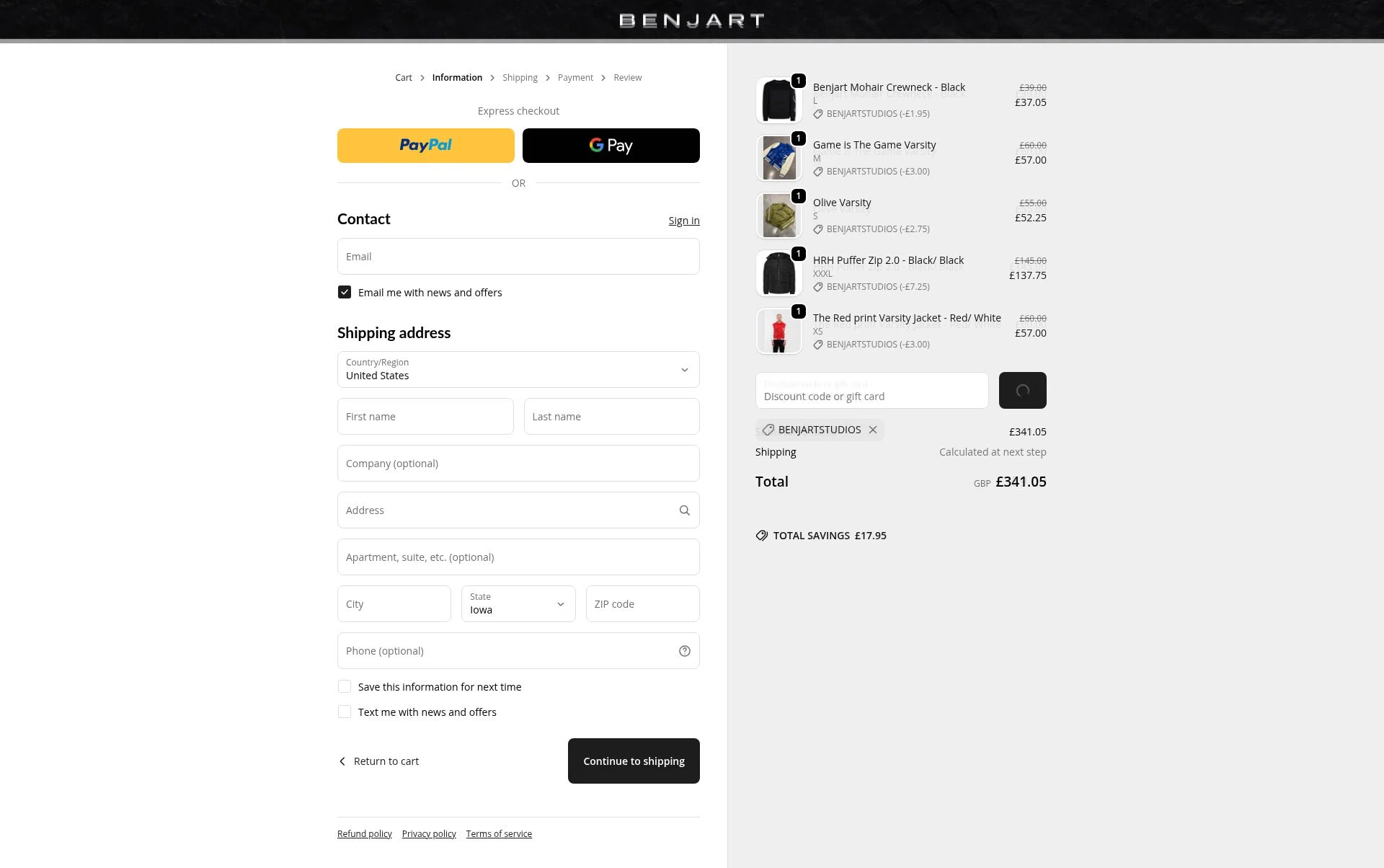 Benjart checkout page showing Benjart promo code box | Screenshot taken by SimplyCodes community member on Feb 13, 2026