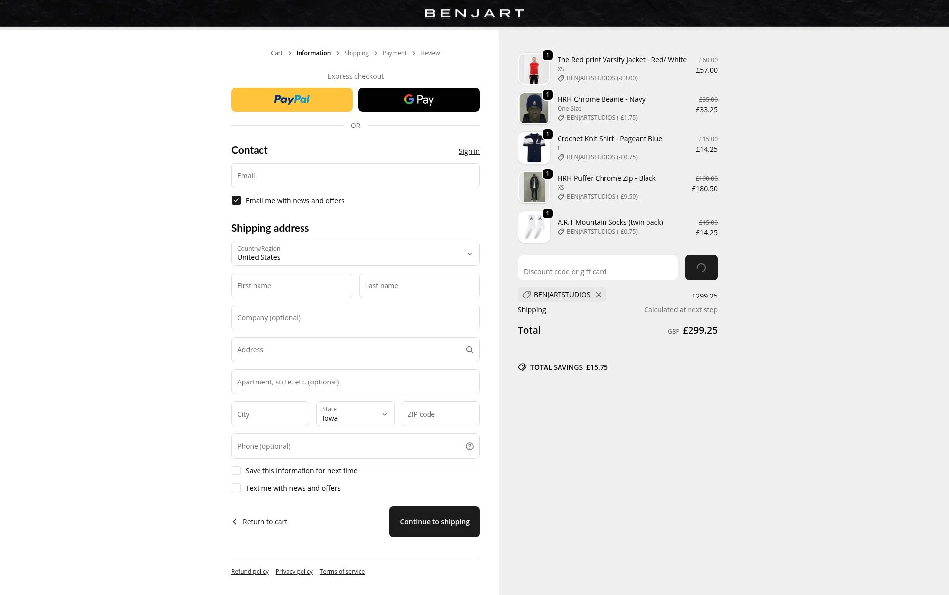 Benjart checkout page showing Benjart promo code box | Screenshot taken by SimplyCodes community member on Jan 22, 2026
