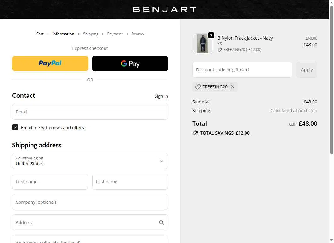 Benjart checkout page showing Benjart promo code box | Screenshot taken by SimplyCodes community member on Jan 22, 2026