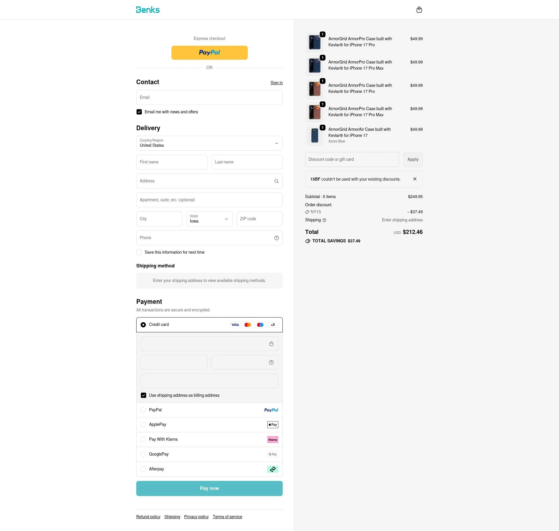 Benks checkout page showing Benks discount code box | Screenshot taken by SimplyCodes community member on Jan 5, 2026