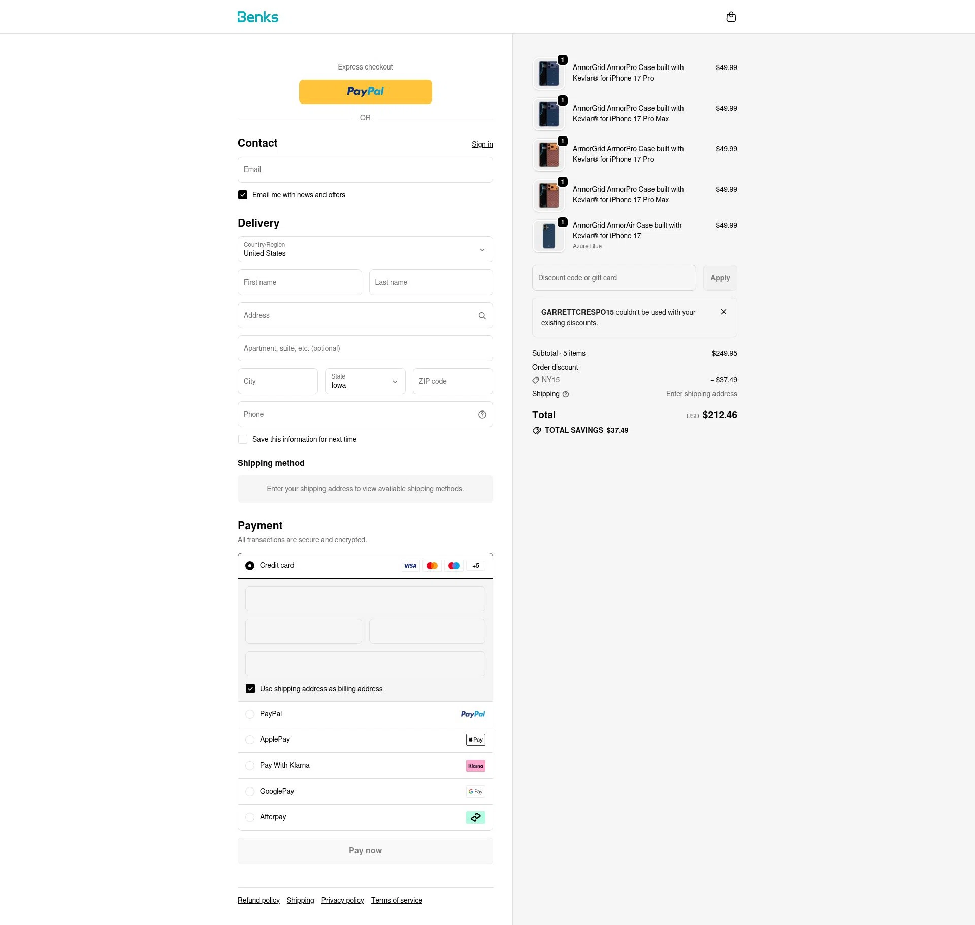 Benks checkout page showing Benks discount code box | Screenshot taken by SimplyCodes community member on Jan 5, 2026
