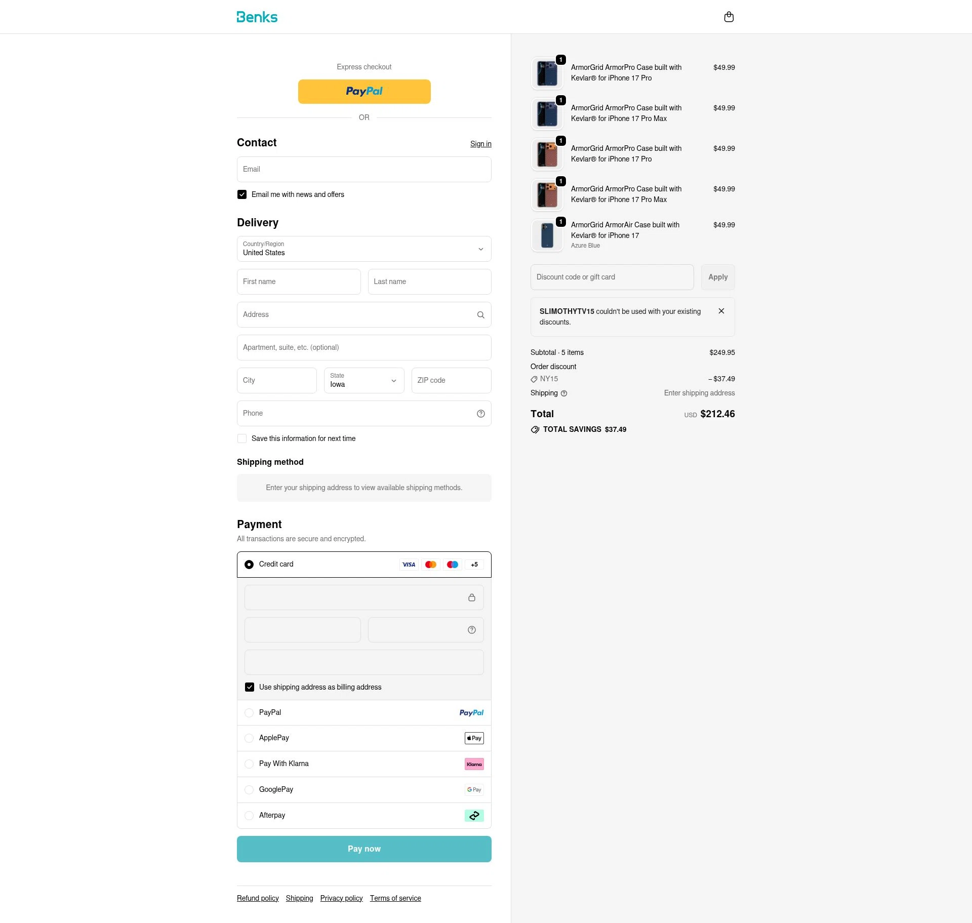 Benks checkout page showing Benks discount code box | Screenshot taken by SimplyCodes community member on Jan 5, 2026