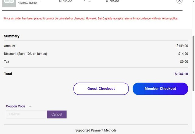 BenQ checkout page showing BenQ coupon code box | Screenshot taken by SimplyCodes community member on Jun 12, 2025