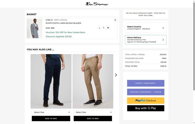 Ben Sherman checkout page showing Ben Sherman coupon code box | Screenshot taken by SimplyCodes community member on Aug 10, 2025