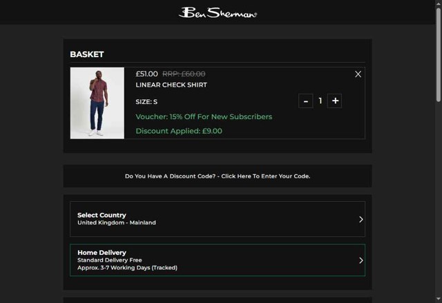 Ben Sherman checkout page showing Ben Sherman coupon code box | Screenshot taken by SimplyCodes community member on Aug 21, 2025