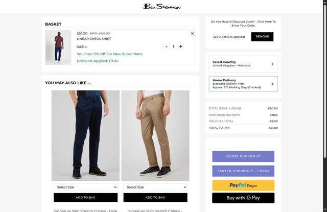 Ben Sherman checkout page showing Ben Sherman coupon code box | Screenshot taken by SimplyCodes community member on Sep 1, 2025