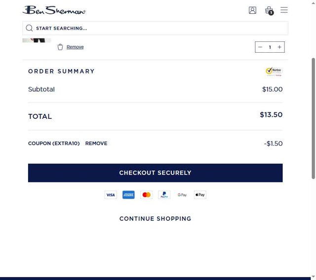 Ben Sherman checkout page showing Ben Sherman coupon code box | Screenshot taken by SimplyCodes community member on Aug 19, 2025