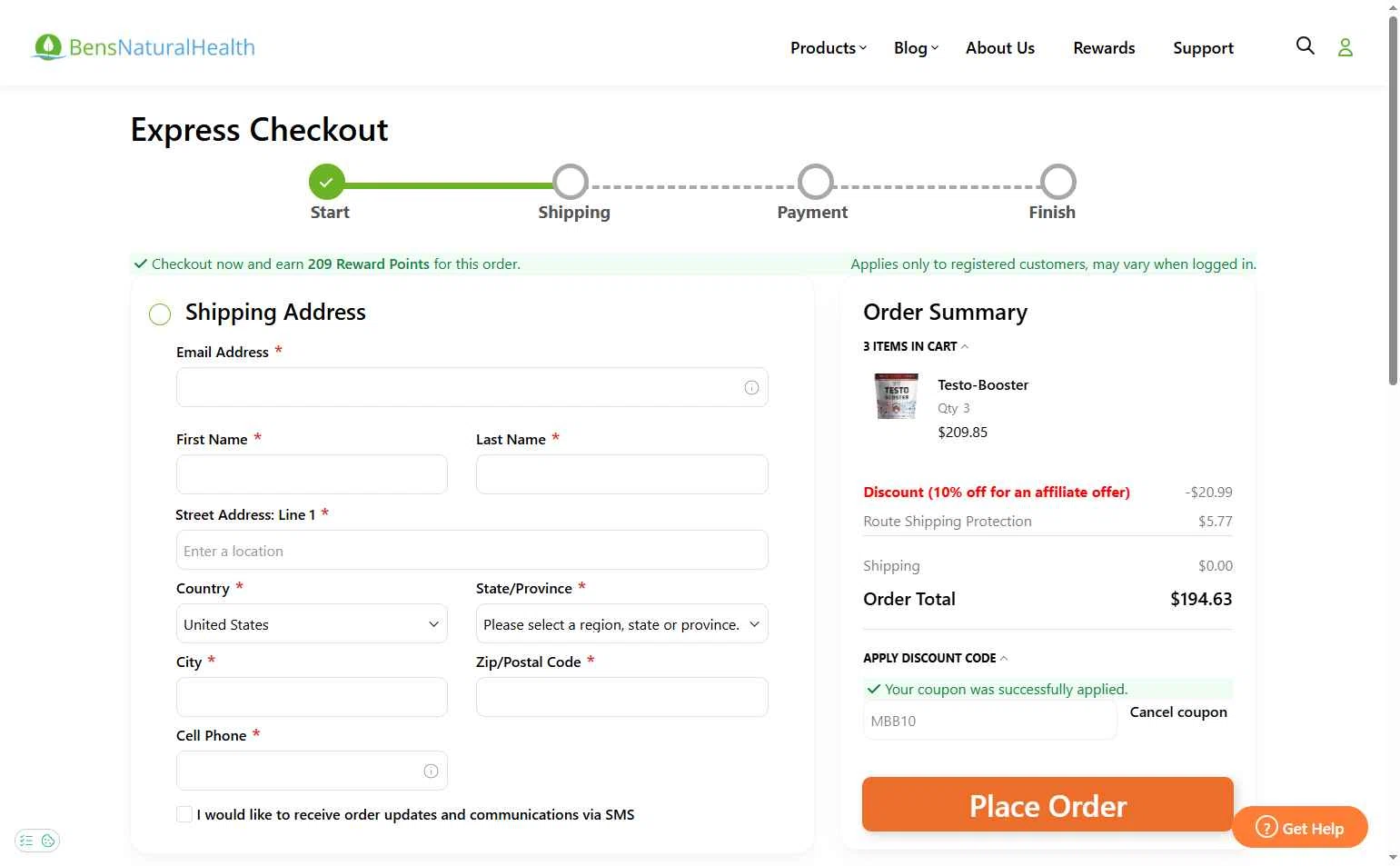 Ben's Natural Health checkout page showing Ben's Natural Health promo code box | Screenshot taken by SimplyCodes community member on Nov 25, 2025