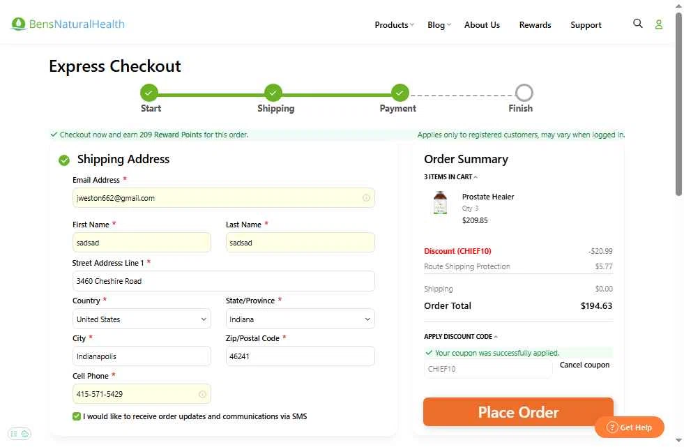 Ben's Natural Health checkout page showing Ben's Natural Health promo code box | Screenshot taken by SimplyCodes community member on Nov 25, 2025