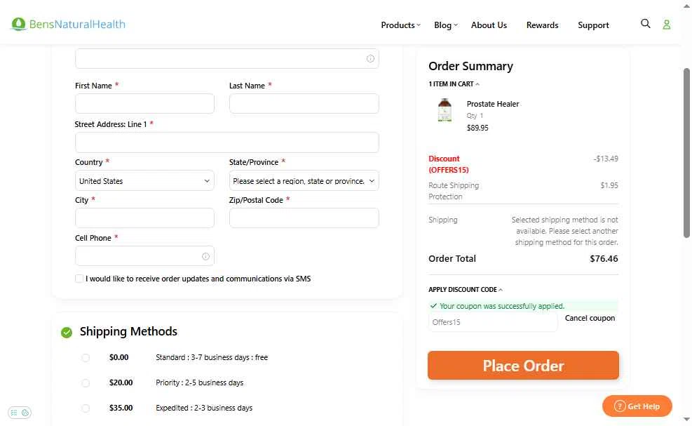 Ben's Natural Health checkout page showing Ben's Natural Health promo code box | Screenshot taken by SimplyCodes community member on Oct 27, 2025