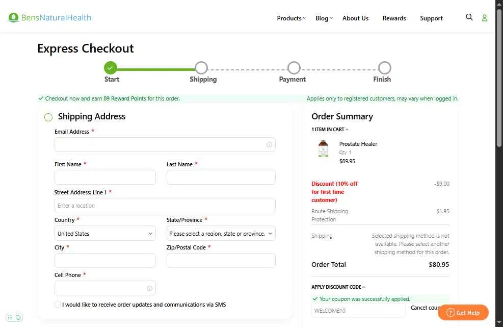 Ben's Natural Health checkout page showing Ben's Natural Health promo code box | Screenshot taken by SimplyCodes community member on Dec 10, 2025