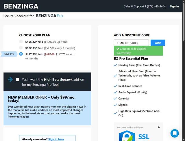 Benzinga checkout page showing Benzinga coupon code box | Screenshot taken by SimplyCodes community member on Jul 31, 2025