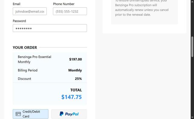 Benzinga checkout page showing Benzinga coupon code box | Screenshot taken by SimplyCodes community member on Aug 27, 2025