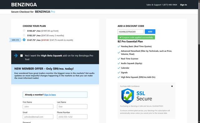 Benzinga checkout page showing Benzinga coupon code box | Screenshot taken by SimplyCodes community member on Aug 27, 2025