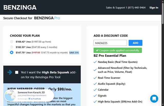 Benzinga checkout page showing Benzinga coupon code box | Screenshot taken by SimplyCodes community member on Jul 25, 2025